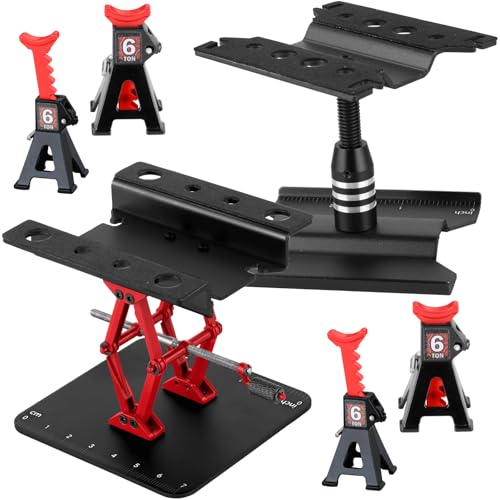 2-Pack RC Work Stand Bundle for 1/18 1/24 1/30 1/32 TRX4M K10 SCX24 FCX24 K5 AX24 SCX30 Ascent-32, 360° Rotating Display Stand & Height Adjustable Lift Table w/ 4 Pcs Jack Stands,Black w/Black - color: Black(1set)