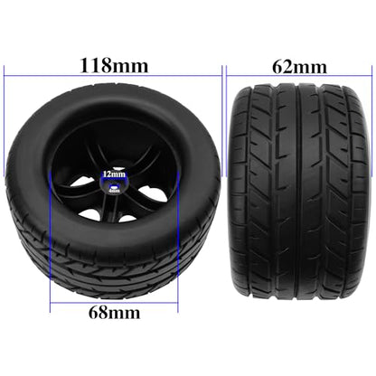 RC 12mm Hex Hub 4.64''OD Rubber Tires & Wheel Rim Compatible with 1/10 Scale Traxxas Rustler Slash HPI Redcat Volcano ExceedRC Infinitive RC Monster Truck Set of 4