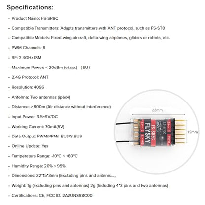 GoolRC Flysky FS-SR8C Receiver, 2.4GHz 8CH Receiver ANT Protocol Dual Antennas Compatible with Flysky FS-ST8 Radio Transmitter for RC Airplanes and Robots