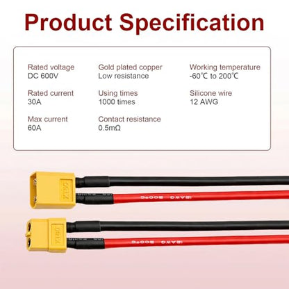 6 Pcs XT60 Connector Plug Cable with Plug and Socket Pigtail Leads, XT60 Connector Adapter with 100 mm Ultra‑Flexible Silicone Wire, Suitable for RC LiPo Battery Drone, Car, Boat (12 Pcs) - color: 12 Pcs