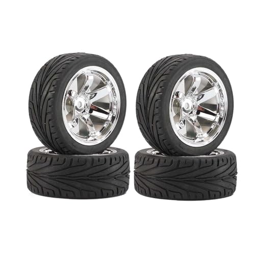 4PCS 1:10 RC Tires and Plastic Wheels Rims for 1/10 Scale On Road Touring Racing Drift Car HSP HPI Tamiya (Silver) - color: Silver