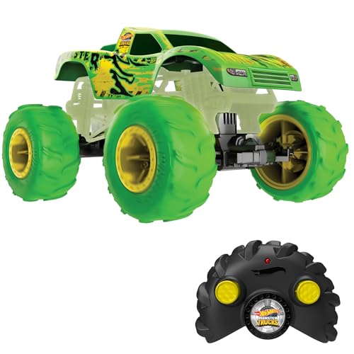 Hot Wheels Monster Trucks RC Toy, Remote-Control 1:15 Scale Gunkster, Glows in The Dark & has Terrain Action Tires with Off-Roading Capability