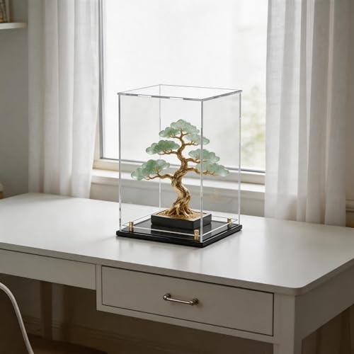 Acrylic Display Case with Raised Shelf, Clear Display Box with Black Base & Gold Standoffs, Dustproof Showcase for Collectibles, Figures, Model Cars – Easy Assembly (7×7×11 Inch) - size: 7"L x 7"W x 11"H