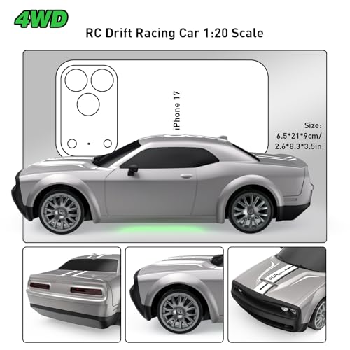 Remote Control Car 4WD 1:20 RC Drift Car 20KM/H 2.4GHz | Racing Car with 2 Rechargeable Batteries, LED Lights, 50 Min Play Time RC Cars Toys Gifts for Boys Girls Kids Adults -Silver - color: Silver