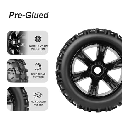 HobbyPark 3.8 Pre-Glued 1/8 Monster Truck Tires Wheels 17mm Hex for Arrma Kraton 6S Outcast Traxxas Widemaxx T-Maxx E-Revo 2.0 3.3 Summit HPI Savage Mounted with Foam Inserts, Set of 4