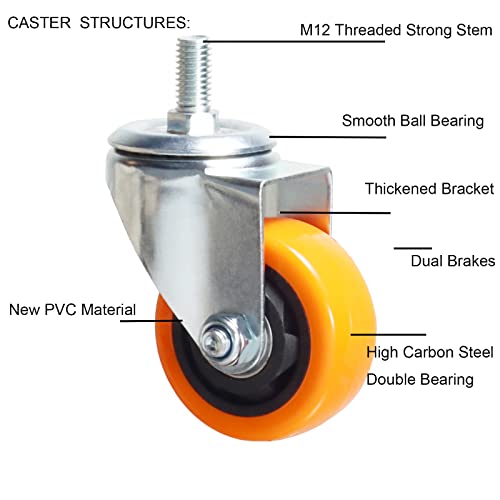 Heavy Duty Swivel Wheels, 3 Inch Yellow PVC Casters with Metric Stem M12-1.75x25mm Double Brakes Castors Safety Wheels up to 1200 Lbs/Set for Industry and Furniture Set of 4 - style: 3 Inch No Brake