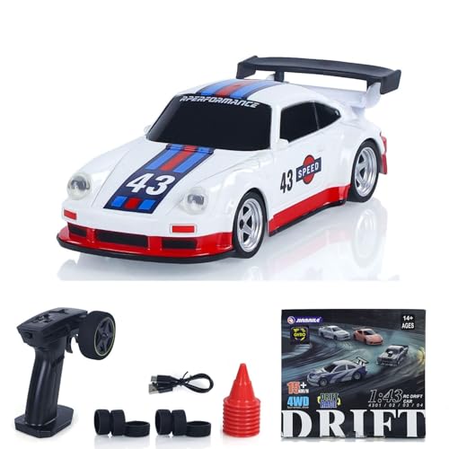 1/43 High Speed 2.4 GHz Mini RC Drift Car with 4 Wheel Drive Motor ESC Servo Motor Lighting Battery Charging Cable Gyroscope Hobby Grade Model for Birthday Gift - color: Blue, White and Red