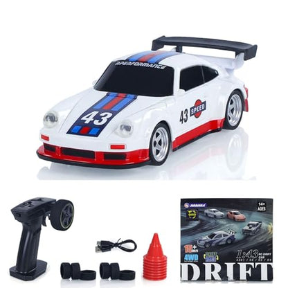 1/43 High Speed 2.4 GHz Mini RC Drift Car with 4 Wheel Drive Motor ESC Servo Motor Lighting Battery Charging Cable Gyroscope Hobby Grade Model for Birthday Gift - color: Blue, White and Red