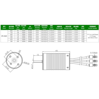 2845 3650KV Brushless Motor Shaft Diameter 3.175MM Connector 3.5MM for 1/12 1/14 Scale On-Road Buggy Monster RC Car