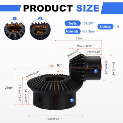 uxcell 2Pcs Tapered Bevel Gears Set, 1.5 Mod 1:2 (15T/30T) Harden Steel Straight Bevel Gear, 90 Degree Steering Motor Gears, (8/17mm Shaft Hole with Keyway) - size: 8/17mm