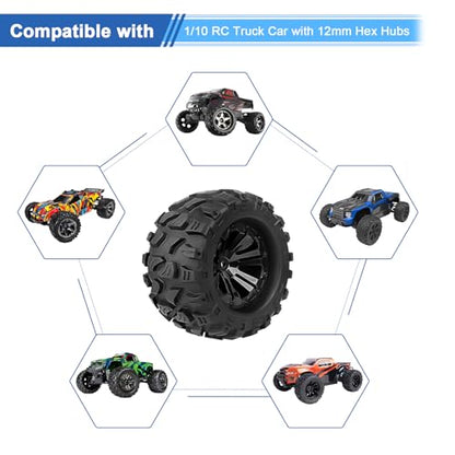 2.8“ PreGlued RC Truck Wheels and Tires 12mm Hex w/Foam Inserts for Traxxas Rustler Stampede 4X4 VXL Hoss 4x4 Blackout XTE Pro 1/10 Scale RC Monster Truck Tyres Set (4-Pack)