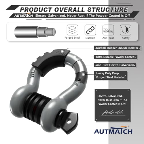 AUTMATCH 3/4" D Ring Shackles (2-Pack) - 41,887 lbs Break Strength | Heavy Duty Clevis Shackle with 7/8" Pin & Isolator Washer Kit for Tow Strap, Winch, Towing & Off-Road Vehicle Recovery, Gray - color: Gray & Black