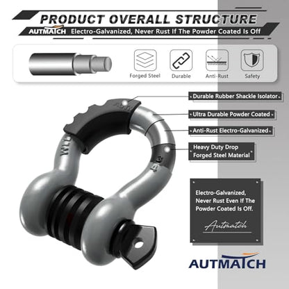 AUTMATCH 3/4" D Ring Shackles (2-Pack) - 41,887 lbs Break Strength | Heavy Duty Clevis Shackle with 7/8" Pin & Isolator Washer Kit for Tow Strap, Winch, Towing & Off-Road Vehicle Recovery, Gray - color: Gray & Black