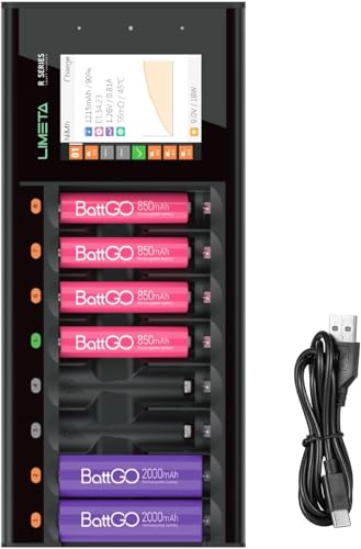 R Series AA AAA Battery Charger, Smart Rechargeable Charging Station with LCD, 8/16/24-Slot Independent Charging, Discharge/Activation/Cycle, Adjustable Current for 1.2V NiMH NiCd (8-Bay) - size: 8-bay