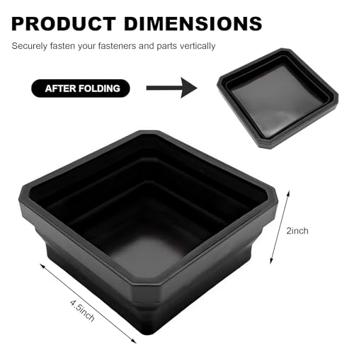 Collapsible Magnetic Parts Tray, 4.5" Square Metal Parts Organizer with Dual-Sided Magnetic Base, Foldable Tools Tray Silicone Storage Bowl for Screws Bolts Nuts Washers Pins (Black) - color: Black