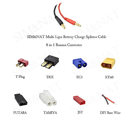 SIM&NAT RC Lipo Battery Charger Adapter Connector Splitter Cable, 8 in 1 Octopus Convert Wire to 4.0mm Banana Plug Compatible with TRX, Tamiya, EC3, JST, Futaba, XT60, T- Dean - style: Pack of 1