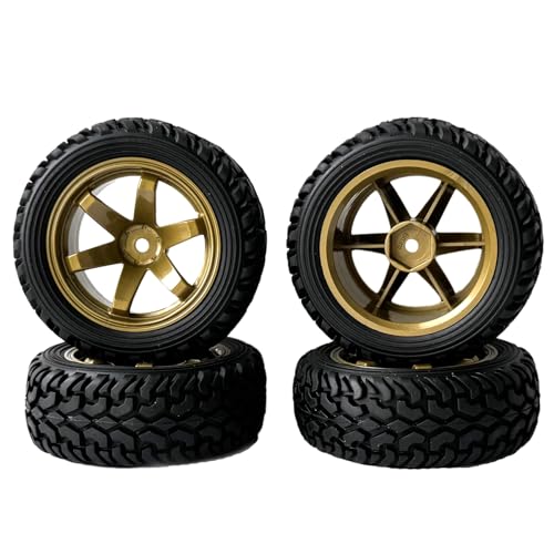 4PCS 75mm Rubber Tires and 6Spokes Plastic Wheel Rims Tyre for 1/10 RC On-Road Drift Racing Car 1:14 1:16 Rally Car for Tamiya Kyosho HPI HSP TT02 Upgrades Parts (Gold) - color: Gold