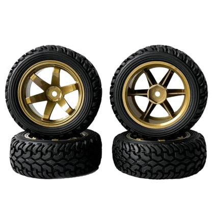 4PCS 75mm Rubber Tires and 6Spokes Plastic Wheel Rims Tyre for 1/10 RC On-Road Drift Racing Car 1:14 1:16 Rally Car for Tamiya Kyosho HPI HSP TT02 Upgrades Parts (Gold) - color: Gold