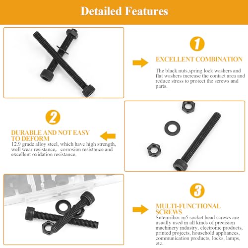 M5 Black Screws, Nuts & Washers Set - 95 Pieces, 12.9 Grade Alloy Steel, Fully Threaded, 30/35/40/45/50mm Hex Socket Head Cap Screws - size: M5 x 30-50mm, style: Socket Head