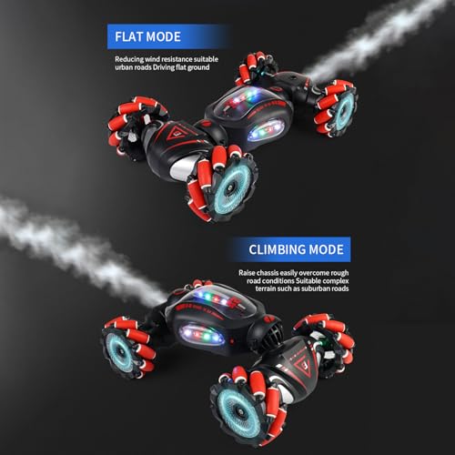 HUIOP Stunt Car 2.4GHz Car Spray Car with Function Lateral Movement,Breathing Light,Deformation,Double-Sided Driving,Wrist Watch-Dual - color: Red, size: 1 battery