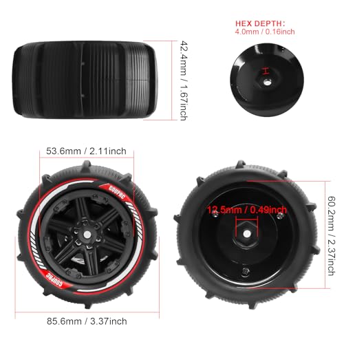 GOUPRC 12mm Hex RC Wheel Paddle Tires, 3.37 * 2.11 Inches 4PCS Off-Road Desert Beach Snow Sand Tires Kit Accessories for 1/14 1/16 RC Car Crawler Buggy Monster Truck
