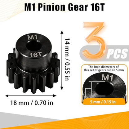 M1 Gear 16T 5mm Bore 3-Pack – High-Precision Hardened Steel Motor Pinion Gear for 1/8 1/10 RC Crawler, Monster Truck, Short Course Truck & Boat (Compatible with Traxxas Axial, FMS, HSP Redcat Losi) - style: M1 3Pcs 16T