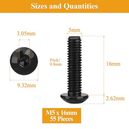 55 Pieces M5 x 16mm Button Head Socket Cap Screws, Thread Pitch 0.8mm, Sutemribor M5 Black Screws, 10.9 Grade Alloy Steel, Black Oxide Finish, Fully Threaded - size: M5 x 16mm, style: Button Head