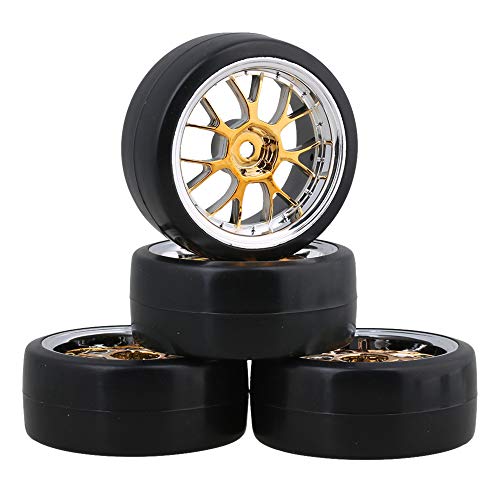4PCS Plastic RC1:10 On-Road Racing Car Drift Smooth Tire & Y-Shaped Plated Yellow Wheels