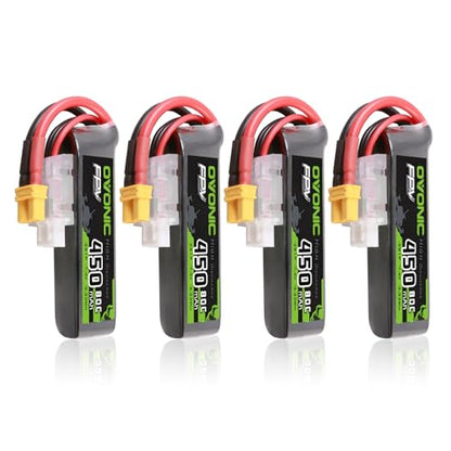 OVONIC 7.4V 80C 450mAh 2S Lipo Battery Long Size with XT30 Plug [1 Package Including 4 Batteries]