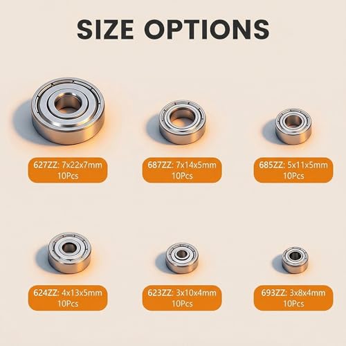 60 PCS 693ZZ/ 623ZZ/ 624ZZ/ 685ZZ/ 687ZZ/ 627ZZ Ball Bearings Assortment Kit, Small Bearings Carbon Steel Deep Groove Bearing, for Furniture Wheel, Roller Skates, 3D Printing and ect —6 Size