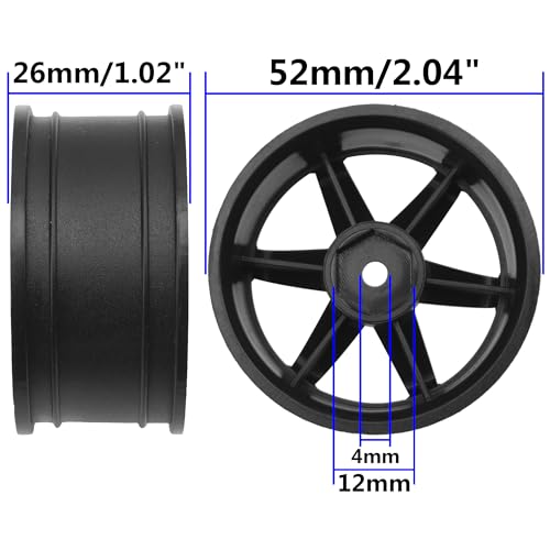 4Pack HIRCQOO RC Plastic Wheel Rims 12mm Hex Hub OD 52mm Compatible with 1/10 On-Road Racing Touring Drift Car Tamiya TT-01 Kyosho RedCat Sakura D4 XIS HSP 1/10 RC Scales,Width 26mm (Black)