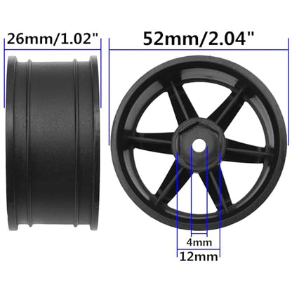 4Pack HIRCQOO RC Plastic Wheel Rims 12mm Hex Hub OD 52mm Compatible with 1/10 On-Road Racing Touring Drift Car Tamiya TT-01 Kyosho RedCat Sakura D4 XIS HSP 1/10 RC Scales,Width 26mm (Black)