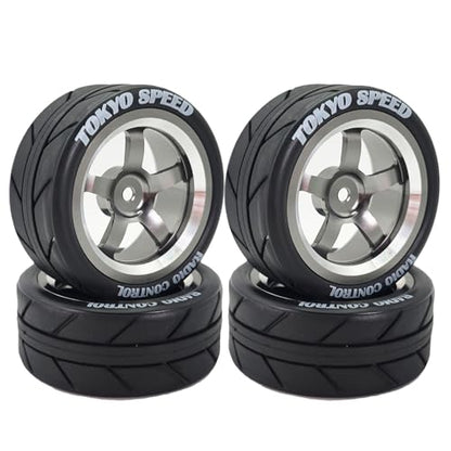 1/10 On Road Racing Tires And 5-Spoke Aluminum Wheels 12mm Hex OD 2.56" RC Touring Tyres For 1:10 Rally Street Drift Car Tamiya TT01 TT02 XV01 A959 PTG2 KYOSHO HSP Traxxas 4PCS (Titanium) - color: Titanium