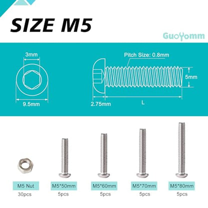 50PCS M5 x 50mm 60mm 70mm 80mm, Button Head Socket Cap Screws Bolts Nuts Kit, Stainless Steel 304, Metric Allen Hex Drive, Fully Threaded - size: Button M5x50/60/70/80mm