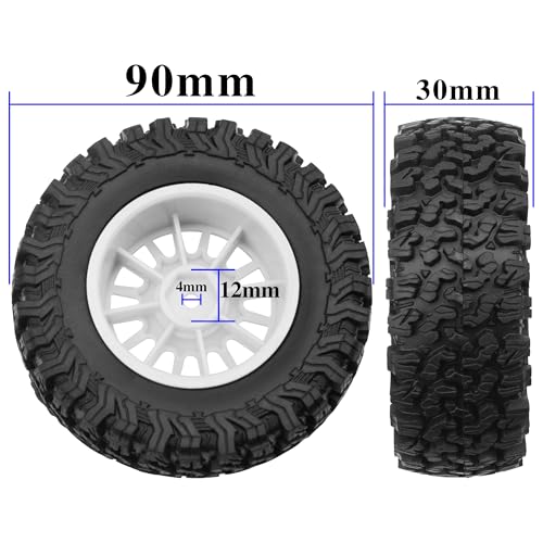 4Pcs HIRCQOO 1.9" RC Crawler Tires OD 90mm Rubber Tire and Plastic Wheel Rims 12mm Hex Compatible with 1/10 Axial SCX10 D90 Tamiya CC01 TF2 TRX4 RC Crawler (White) - color: White
