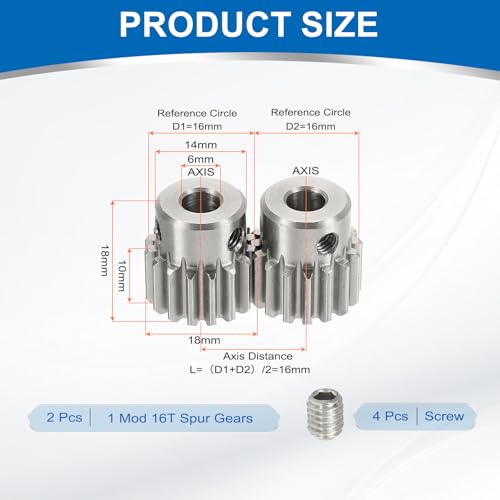 uxcell 2Pcs 1 Mod 16T Spur Gear 6mm Bore, 304 Stainless Steel Pinion Gear, 20°Pressure Angle, for Spur Rack and RC Model Car or Motor DIY(14mm) - size: 1 Mod 16T, 6mm x 14mm