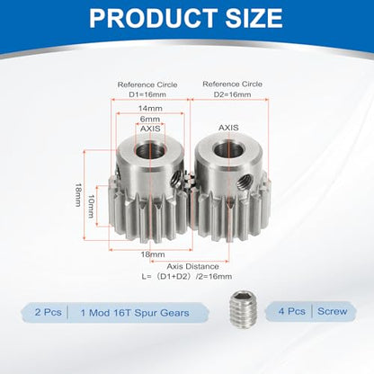 uxcell 2Pcs 1 Mod 16T Spur Gear 6mm Bore, 304 Stainless Steel Pinion Gear, 20°Pressure Angle, for Spur Rack and RC Model Car or Motor DIY(14mm) - size: 1 Mod 16T, 6mm x 14mm