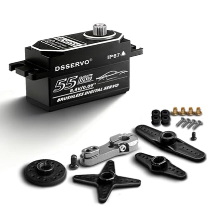 55KG Low Profile RC Brushless Servo, Programmable Ultra High Speed (0.09s) & High Torque (61kg @8.4V), All Metal Case & Gear, Waterproof, Digital Steering Motor for RC Drift Models 180°