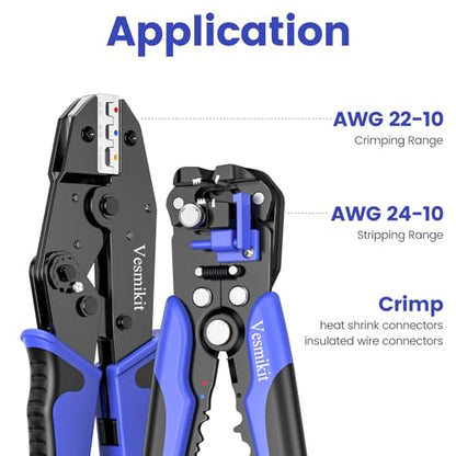 Wire Stripper and Crimping Tool,AWG 24-10 Automatic Stripper Tool with AWG 22-10 Ratchet Wire Crimper For Heat Shrink Connectors and Insulated Terminals, 3 in 1 Stripping/Cutting/Crimping