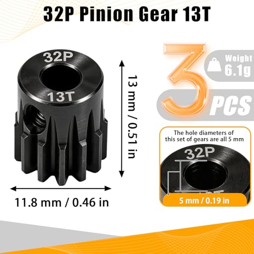 32P 13T RC Car Gear Set | 45# Steel Black Oxide | 5mm Bore +0.03mm | Precision Engineered Motor Pinion Gear Compatible with Traxxas/ARRMA/HPI/Kyosho (3-Pack with M4 Set Screws) - style: 3Pcs 13T