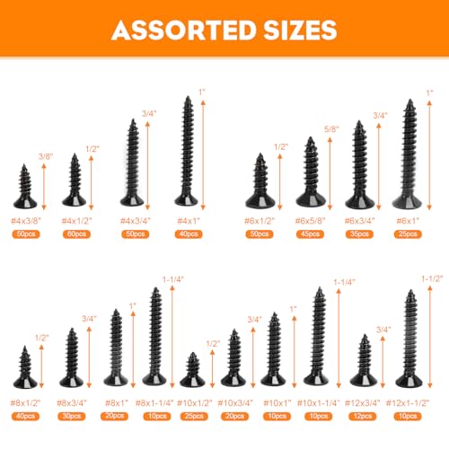542PCS #4#6#8#10#12 Phillips Head Screw Set Stainless Steel Wood Screws Assortment Kit, Assorted Sheet Metal Self Tapping Screws, 18-8(304) Stainless Steel (Flat Black) - style: flat black
