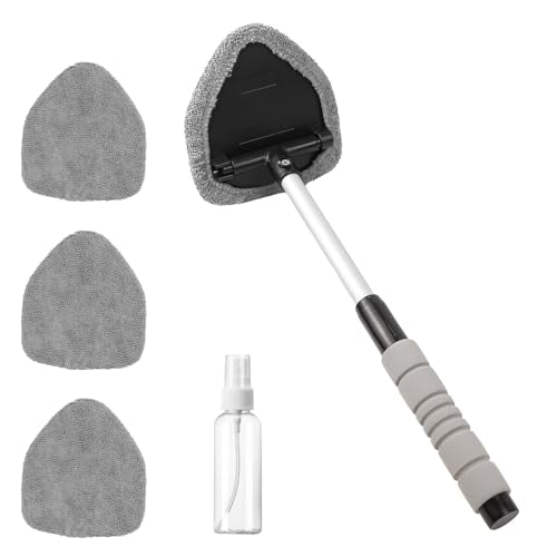 wuyaoyao Car Windshield Cleaning Tool, Car Windshield Window Cleaner, Auto Window Glass Cleaning Kit with Extendable Handle & Reusable Microfiber Pad & Spray Bottle, Universal Car Accessories (Gray) - color: Gray