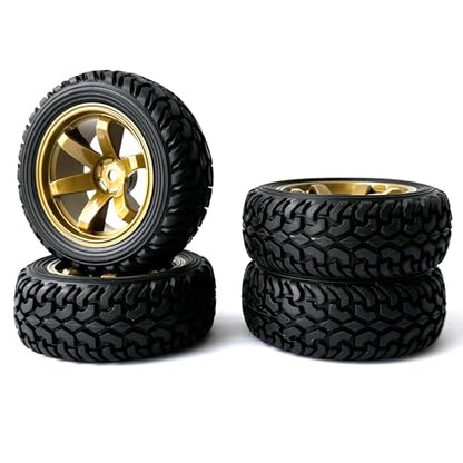 4PCS 75mm Rubber Tires and 6Spokes Plastic Wheel Rims Tyre for 1/10 RC On-Road Drift Racing Car 1:14 1:16 Rally Car for Tamiya Kyosho HPI HSP TT02 Upgrades Parts (Gold) - color: Gold