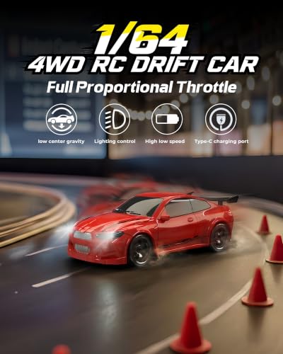 ARRIS 1/64 Micro Desktop RC Drift Car 4WD with 2-Speed Modes RTR | Pocket Size Design, LED Lights, Stunt Driving, Smooth Drifting, Indoor Fun - color: Blaze Red