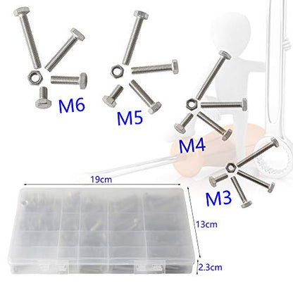 newlng M3 M4 M5 M6 Bolts and Nuts Assortment Kit 320 PCS Metric 304 Stainless Steel Hex Head Cap Screws Bolts and Nuts Assortment Set Fasteners Bolts Kit with Combination Box for Home Fixation Repairs - size: M3456-4