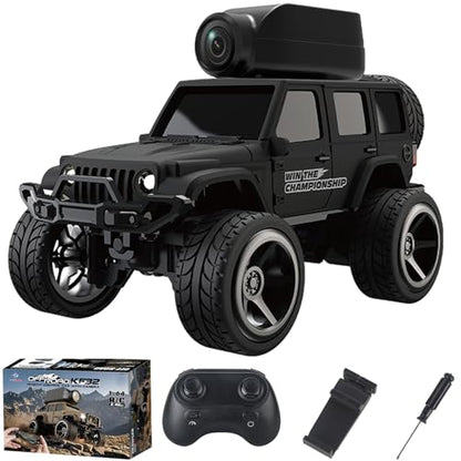 KF32 1:64 RC Mini Climbing Alloy Video Car with APP Control and Radio Remote Control HD Camera FPV Cars (Black) - color: Black