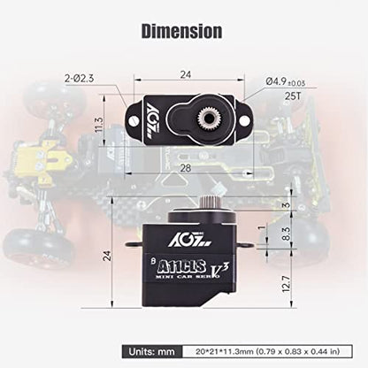 AGFRC Mini-Z Car 0.05Sec RC Micro Drifting Servo (A11CLS V3 Black) | 1.4kg Torque, Titanium Gear, Coreless Motor, Programmable, Fits Mini-Z, 1/24-1/28 Scale RC Cars. 20x21x11.3mm, 11g - style: A11CLS V3 Black