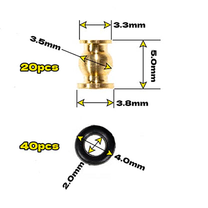 RC Rod Ends Ball Studs Joints Set for SCX24, 20Pcs Brass Ball & 40Pcs O-Ring, Upgrades Parts for 1/24 RC Crawler Car, Brass Upgrades Accessories