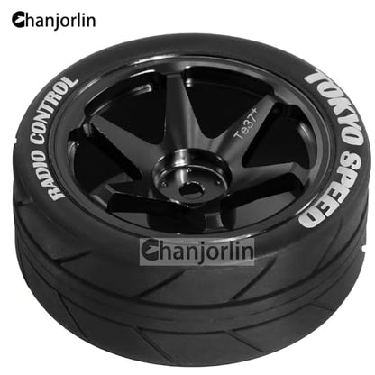 1/10 On Road Tires and Aluminum Wheels 12mm Hex RC Rally Racing Tyres OD 2.56" for Tamiya TT01 TT02 XV01 TA06 A959 PTG2 HPI KYOSHO PTG2 Traxxas 1:10 Street Touring Drift Car 4PCS (Black) - color: Black