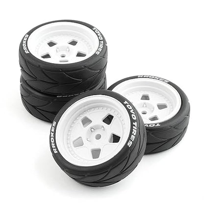 Lifehead 65mm On Road Rubber Tires& Wheels Rims 12mm Hex Hub for HPI Ken Block's Tamiya XV01 TT01 TT02B Kyosho FAZER MK2 Lc Racing PTG HSP RGT RC 3RACING D5 1/10 RC Rally Car - color: White 4